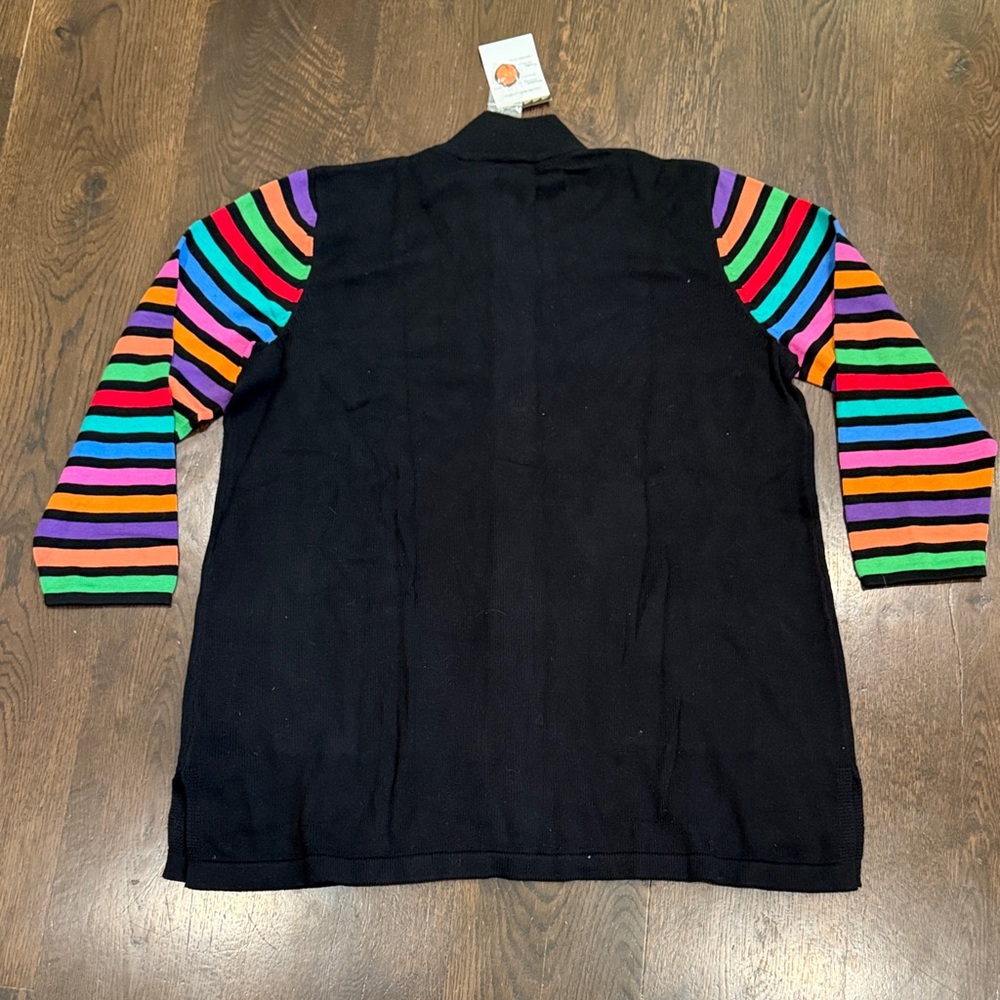 NWT Bob Mackie Black Duster Cardigan with Rainbow Sleeves and Colorful Buttons - Picture 5 of 8